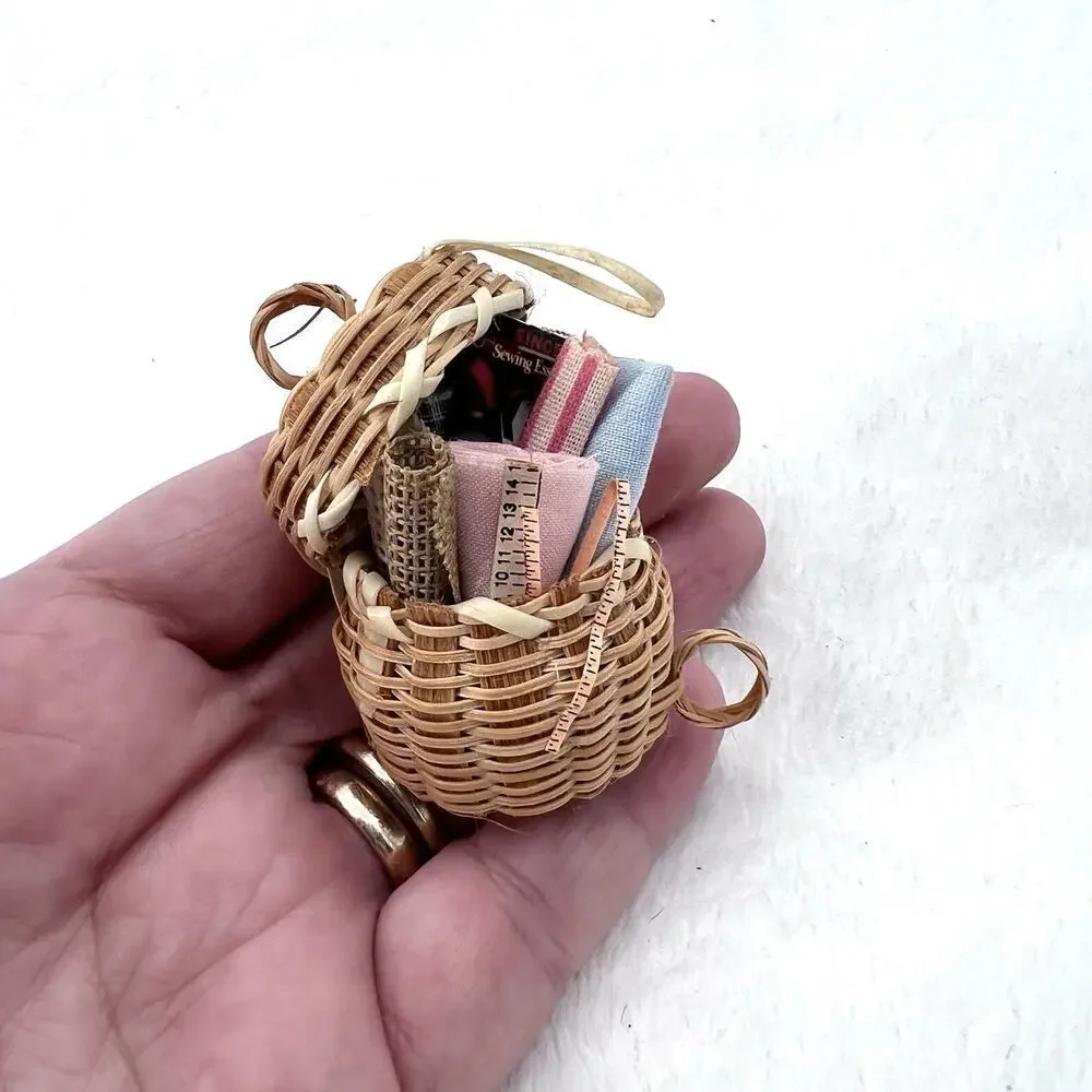 Vintage Mini Artisan Wicker Sewing Basket & Fabric Dollhouse Miniature 1:12